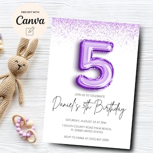 Purple 5th Birthday Invitation, 5th Birthday Invite, Number Foil 5th Birthday, Balloon Birthday Party, Canva Template, Digital Download