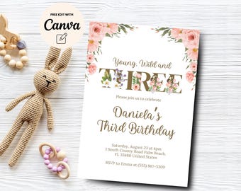 Wildflower Young Wild and Three, Floral 3rd Birthday Invitation, Meadow Birthday Invite Canva Template, Digital Download,