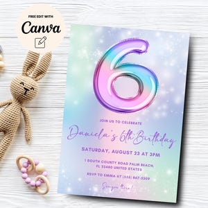 Editable 6th Birthday Invitation Glitter Sixth Birthday Invitation Editable Girls Invitation Rainbow Canva Template, Digital Download