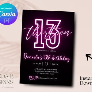 Pink Neon 13th Birthday Invitation, Neon 13th Birthday Invite, Pink Birthday Invite, Teenager Birthday Canva Template, Digital Download