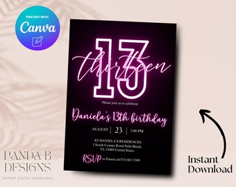 Puede incluir: Una invitación de cumpleaños negra y rosa con un número 13 rosa neón y el texto "thirteen" en una fuente de escritura. La invitación es para el cumpleaños número 13 de Daniela, que se celebrará el 23 de agosto a las 3:00 PM. La invitación incluye la dirección y la información de RSVP.