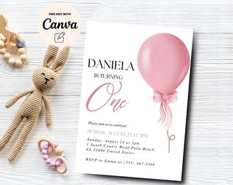 Faire-part 1er anniversaire rose, faire-part 1er anniversaire rose ballon modifiable Invitation premier anniversaire, toile modifiable, téléchargement numérique