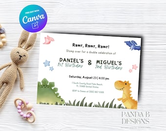 Dinosaur Double Birthday Invite for Kids, Girl Boy Birthday Invitation, Dinosaur Trex invite Any Age, Canva Template, Instant Download