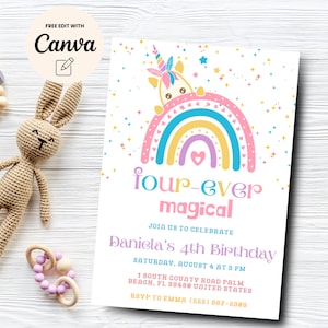 Faire-part 4e anniversaire Licorne, quatre invitations magiques, licorne arc-en-ciel, fête de la licorne rose, modèle de toile, téléchargement numérique