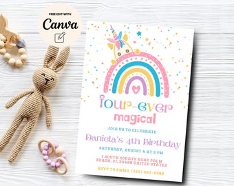 Inbjudan till enhörning, 4-årsdagsinbjudan, magisk fyra ständigt, regnbågsenhörning, rosa enhörningsfest, Canva-mall, digital nedladdning