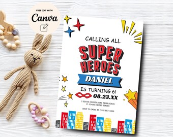 May include: A superhero-themed birthday party invitation with a red, blue, and yellow color scheme. The invitation features a red and yellow star, a red cape, and a cityscape. The text reads "Calling all Super Heroes Daniel is turning 6! 08.23.XX 1 South County Road Palm Beach, FL 33480 United States RSVP to Emma at (555) 967-5309"