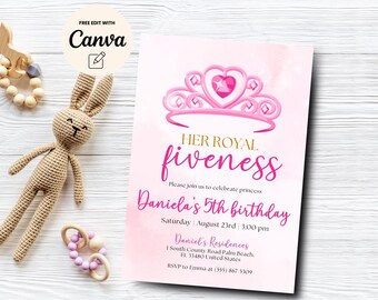 Her Royal Fiveness 5th Birthday Invitation, modificabile principessa compleanno, ragazza rosa 5th festa di compleanno festa, modello Canva, download digitale