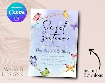 Invitación de cumpleaños número 16 de mariposa, invitación de cumpleaños número 16 de mariposa imprimible, plantilla de Canva para invitación de cumpleaños número dieciséis, descarga digital