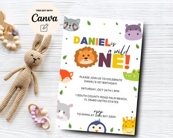 Safari Birthday Invitation, Jungle Animals Birthday Invitation, Wild One Birthday Invitation, Canva Editable, Digital Download