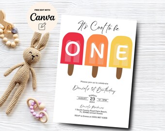 Cool to be ONE Popsicle Invitation, Editable 1st Birthday Invite, Summer Girl Party, Canva Editable, Digital Download, Instant Download