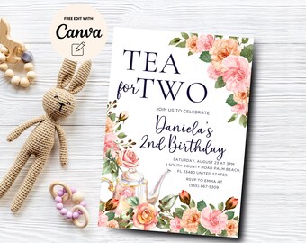 二人でお茶を飲みながらの誕生日の招待状、2歳の誕生日パーティー、ピンクゴールドの花柄の気まぐれなお茶会、即時ダウンロード、Canvaで編集可能、デジタルダウンロード