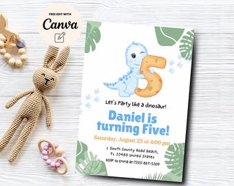 Dinosaur 5th Birthday Invitation, Dinosaur 5th Birthday, Dino Invite, Printable Birthday Invitation, Canva Template, Digital Download