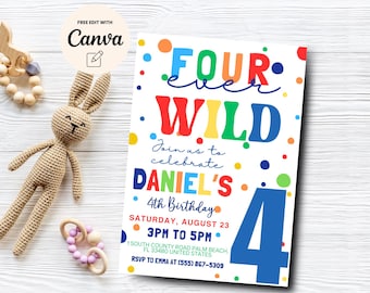 Four Ever Wild 4th Birthday Invitation, Colorful 4th Birthday, Confetti Birthday Invite, 4th Birthday, Canva Template, Digital Download