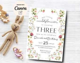 Invitación de cumpleaños de flores silvestres, invitación de 3er cumpleaños de Little Wildflower, invitación al jardín del tercer cumpleaños de la niña, plantilla Canva, descarga digital