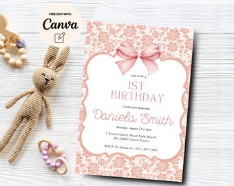 Pink Bow First Birthday Invitation, Floral Birthday Invitation, Girl First Birthday, Canva Editable, Digital Download