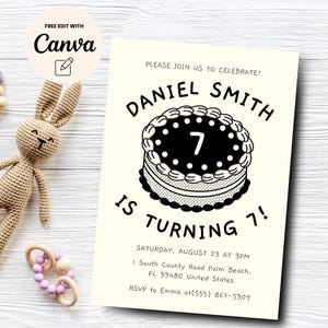 Einfache Adreppy Cake 7. Geburtstagseinladung, Minimalistische 7. Geburtstag einladen druckbare, Geburtstagseinladung Canva Vorlage, digitaler Download