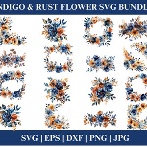 Indigo und Rost Blumen Clipart SVG-Bundle für Cricut, Aquarell digitaler Download, PNG, Hochzeit Clipart