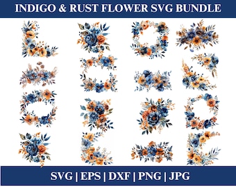 Indigo and Rust Flower Clipart SVG Bundle for Cricut, Watercolor Digital Download, PNG, Wedding Clipart