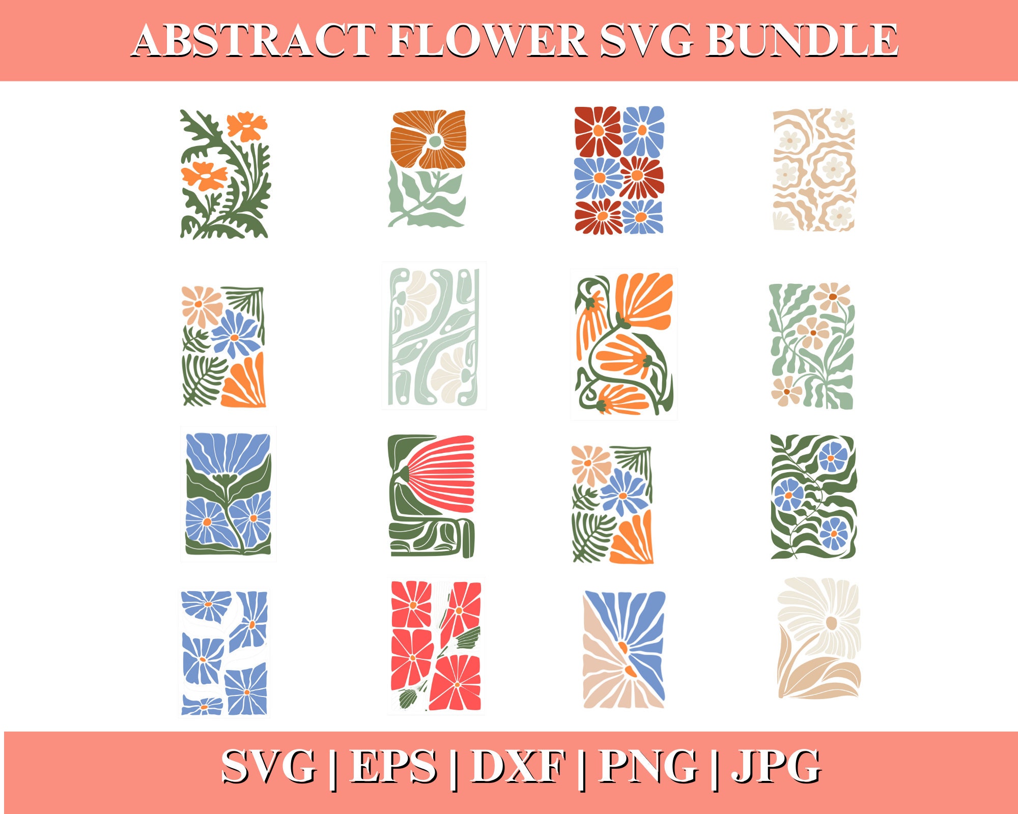 Abstract Flower SVG and PNG Bundle, Danish Retro Boho Floral Designs - Etsy