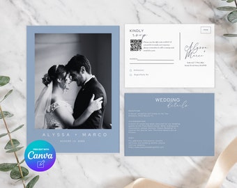 Dusty Blue Wedding Invitation, Editable Template, Wedding Photo Invitation, Modern Wedding Invite Suite, Canva Template, Instant Download