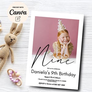 Faire-part photo 9e anniversaire, fête d'anniversaire minimaliste 9e, modèle d'Invitation Photo neuvième anniversaire, modèle toile, téléchargement numérique