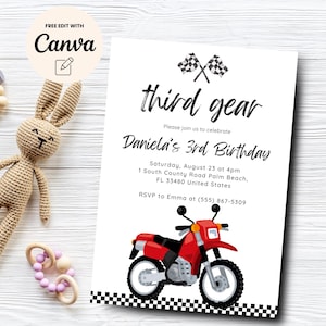 Dirt Bike 3rd Birthday Invitation, Third Gear 3rd Birthday Invite, Boy Birthday 3rd Birthday Motor Bike, Canva Editable, Digital Download