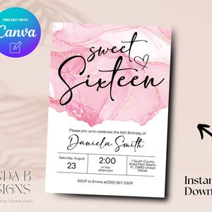 Sweet 16 birthday invitation, teen girl birthday invite, 16th birthday invitation teen girl, teen birthday, Canva Template, Digital Download
