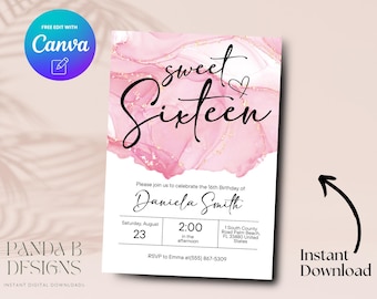 Sweet 16 birthday invitation, teen girl birthday invite, 16th birthday invitation teen girl, teen birthday, Canva Template, Digital Download