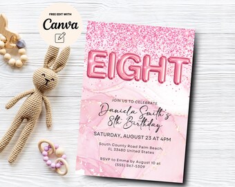 Editable Pink 8th Birthday Invitation, 8th Birthday, Glitter Birthday, Balloon Foil Girl 8th Birthday, Canva Template, Digital Download