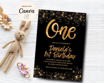 Gold 1st Birthday Invitation, Gold glitter Birthday Party Invite, 1st Birthday Gold Party Invite, Canva Template, Digital Download