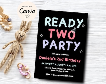 Ready Two Party 2nd Birthday Invitation, Pastel Girl 2nd Birthday, Doodle Birthday Invite Instant Download, Canva Editable, Digital Download