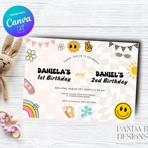 Groovy Double Birthday Invite for Kids, Girl Boy Birthday Invitation, Smiley Checkered invite Any Age, Canva Template, Instant Download