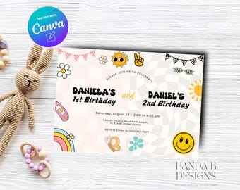Groovy dubbele verjaardagsuitnodiging voor kinderen, meisje jongen verjaardagsuitnodiging, smiley geruit nodigen elke leeftijd uit, canvassjabloon, Instant Download