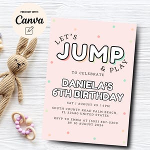 Trampoline 6th Birthday Invite, Girl Trampoline party Jump party Jump invitation Bounce castle Trampoline, Canva Template, Digital Download