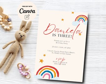 Rainbow Birthday Invitation Girls, Rainbow Party Invite, Rainbow Minimalist 2nd Birthday Invite, Canva Template, Digital Download
