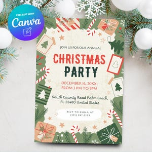 Christmas Party Invitation, Printable Holiday Party Invitation Template, Christmas Party Invitation, Canva Template, Digital Download