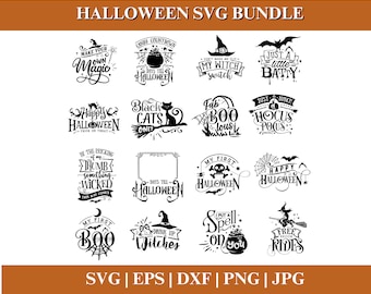 May include: A collection of black and white Halloween-themed SVG designs. The designs include phrases like "Make Your Own Magic," "Happy Halloween," and "Just a Little Batty," along with witch hats, bats, and spiderwebs. File formats include SVG, EPS, DXF, PNG, and JPG.