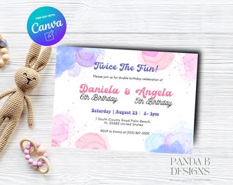 Watercolor Double Birthday Invite for Kids, Girl  Colorful Birthday Invitation, Joint invite Any Age Canva Template, Instant Download