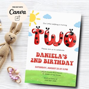 Ladybug 2nd Birthday Invitation, EDITABLE Digital Invitation, Little Lady bug 2nd Birthday Party, Canva Editable, Digital Download