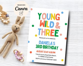 Young Wild and Three Invite, Colorful Confetti Birthday Invite, Boy Girl 3rd Birthday, Editable Canva Template, Digital Download