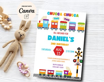Train Birthday Invitation, Chugga Chugga Choo Choo Invitation, Second Birthday Party Boy, Canva Template, Digital Download