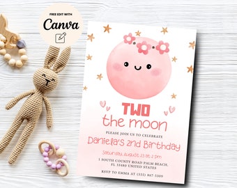 Two the Moon Birthday Invitation Template Girl, Two the Moon 2nd Birthday Space Invite Girls Printable, Canva Template, Digital Download
