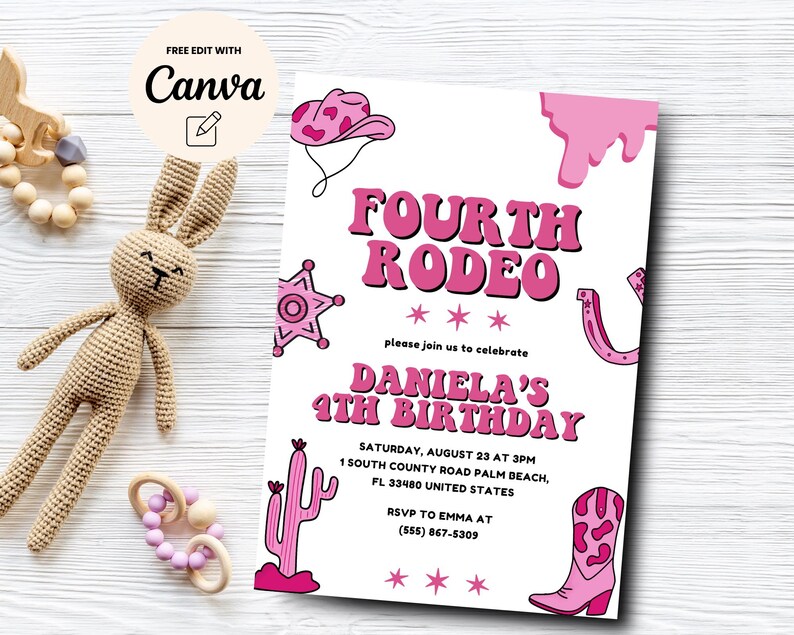 Cowgirl Birthday Invitation Template, 4th Rodeo Girl Birthday Invite ...