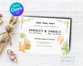 Dinosaur Double Birthday Invite for Kids, Girl Boy Birthday Invitation, Dinosaur Trex invite Any Age, Canva Template, Instant Download