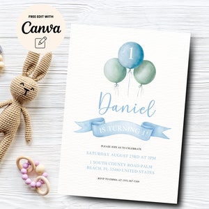 Convite de primeiro aniversário para menino, balões Convite de primeiro aniversário Menino de primeiro aniversário Convite de aniversário azul menino, Canva editável, download digital