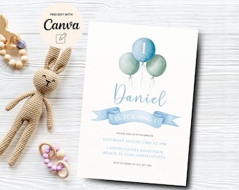 1st Birthday Boy Invitation, Balloons First Birthday Invite 1st Birthday Boy Blue Birthday Invitation Boy, Canva Editable, Digital Download