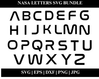 May include: A set of uppercase letters in a bold, blocky font style. The letters are arranged in alphabetical order, with the letters A through Z. The letters are black and are set against a white background. The text "NASA LETTERS SVG BUNDLE" appears at the top of the image. The text "SVG | EPS | DXF | PNG | JPG" appears at the bottom of the image.