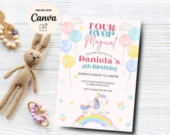 Unicorn 4th Birthday Invitation, Four Ever Magical Party Invite, Girl Pastel Fourth Birthday Template, Canva Template, Digital Download