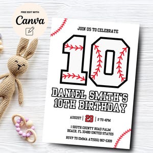Baseball 10. Geburtstagseinladung, bearbeitbarer Baseball 10. Geburtstag Junge einladen, 10. Geburtstag Sport, Canva Vorlage, digitaler Download