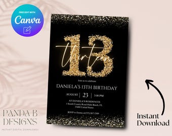 Invito per il 13° compleanno in oro, invito minimalista per il 13° compleanno in oro, modello Canva per invito di compleanno per ragazze adolescenti, download digitale